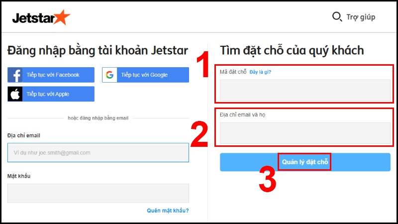 Điền thông tin tìm mã đặt chỗ của quý khách để quản lý thông tin chuyến bay của bạn